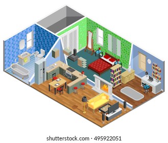 House Interior Isometric Design With Living Room Bathroom Kitchen Bedroom And Study Vector Illustration 