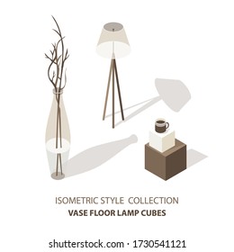 House interior isometric icons set with cube table vase and lamp isolated vector illustration