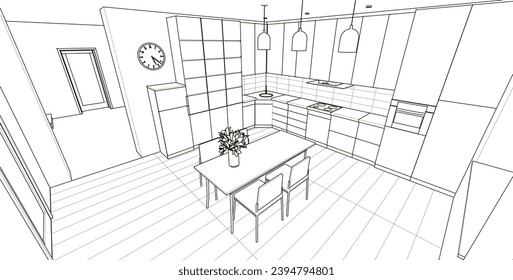 house interior kitchen 3d rendering