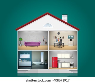 House interior - kitchen, bathroom, living room and office - home concept