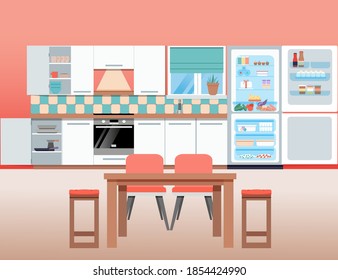 House interior, kitchen in flat style