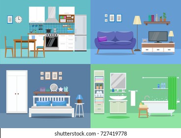 House interior, kitchen, living room, bedroom, bathroom. Flat style, vector illustration design template