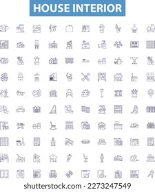 House interior line icons, signs set. Furnishings, Decor, Walls, Lighting, Ceiling, Flooring, Carpeting, Window, Blinds outline vector illustrations.
