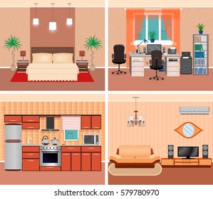 House interior living room, domestic workplace, bedroom and kitchen. Home rooms design including furniture and electonics. Flat vector illustration