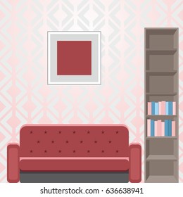 House interior  living room . Flat vector design with furniture including sofa, bookcase, books. Illustration with seamless wallpapers