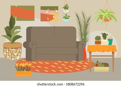 House interior, modern flat design, contemporary furniture sofa, table, decor, living room, cartoon style vector illustration. Background relaxing comfort, minimalism modern look, armchair comfort.