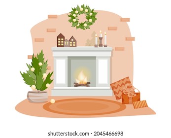 House interior in New Year's style. Fireplace with fire, Christmas tree with balls. Candles, gifts and decorations. Christmas wreath on the wall. The vector is made in a flat style.