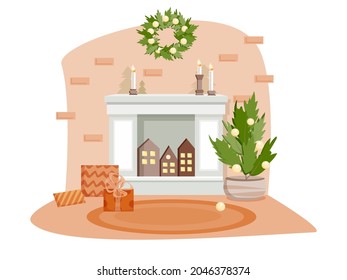 House interior in New Year's style. Fireplace with decorative houses, Christmas tree with balls. Candles, gifts and decorations. Christmas wreath on the wall. The vector is made in a flat style.