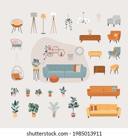 House interior objects isolated set.  Home furniture. Cartoon vector illustration.