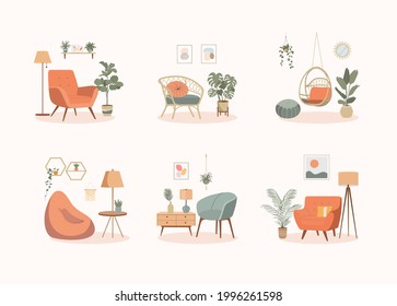 House interior objects isolated set.  Home furniture. Chairs and plants. Cartoon vector illustration.