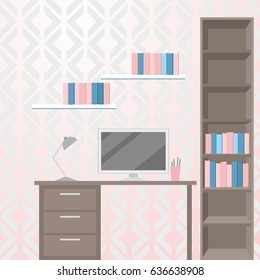House interior office place. Flat vector design with furniture including  desk, bookcase, books, monitor, lamp. Illustration with seamless wallpapers