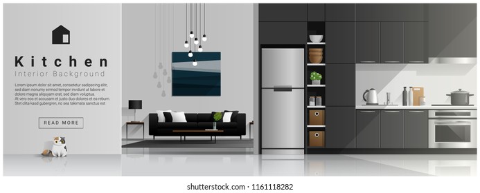 House interior scene with modern kitchen and living room , vector , illustration