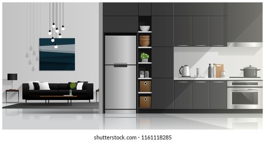 House Interior Scene With Modern Kitchen And Living Room , Vector , Illustration