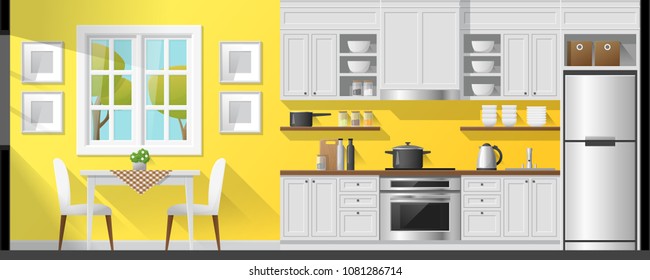 House interior section background including dining room and kitchen , vector , illustration