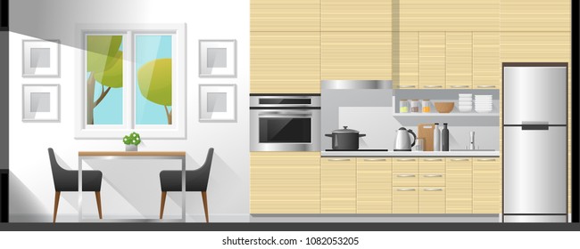 House interior section background including dining room and kitchen , vector , illustration