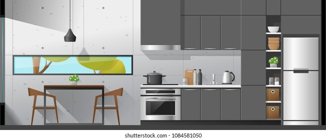 House interior section background including dining room and kitchen , vector , illustration