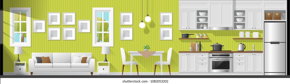 House interior section panorama background including living room , dining room and kitchen , vector , illustration