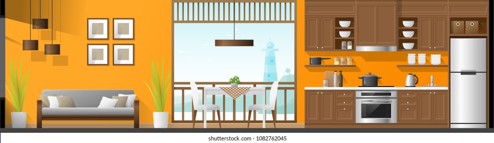 House interior section panorama background including living room , dining room and kitchen , vector , illustration