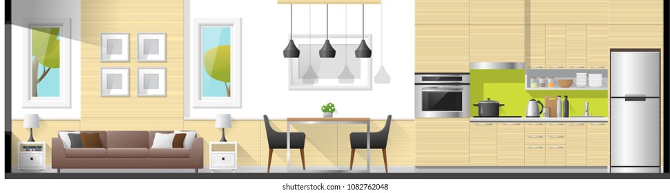 House interior section panorama background including living room , dining room and kitchen , vector , illustration