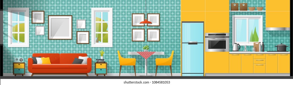 House interior section panorama background including living room , dining room and kitchen , vector , illustration