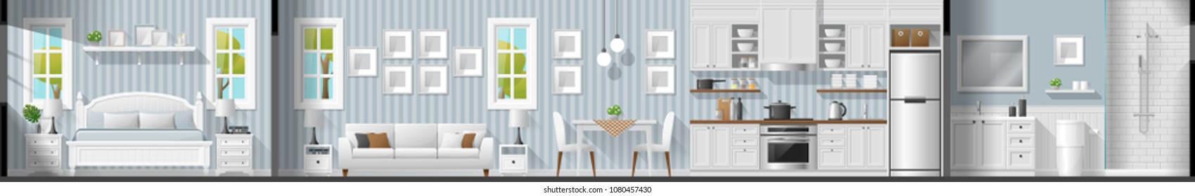 House interior section panorama including bedroom living room dining room kitchen and bathroom , vector , illustration