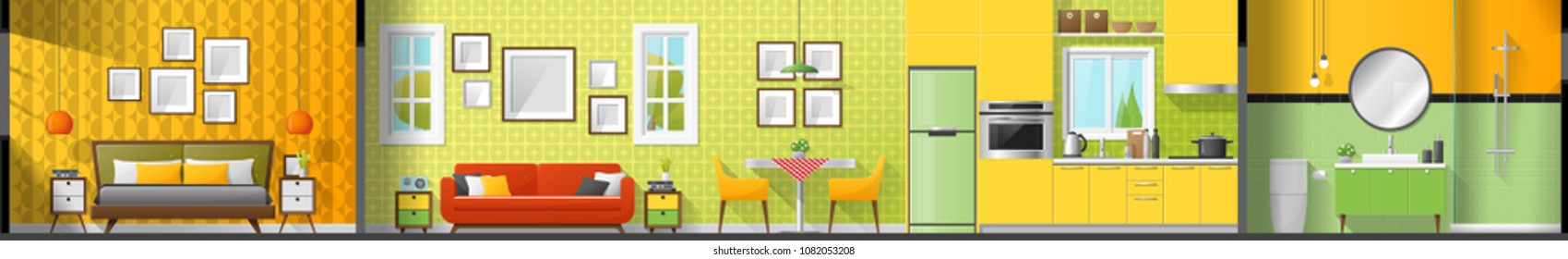 House interior section panorama including bedroom living room dining room kitchen and bathroom , vector , illustration