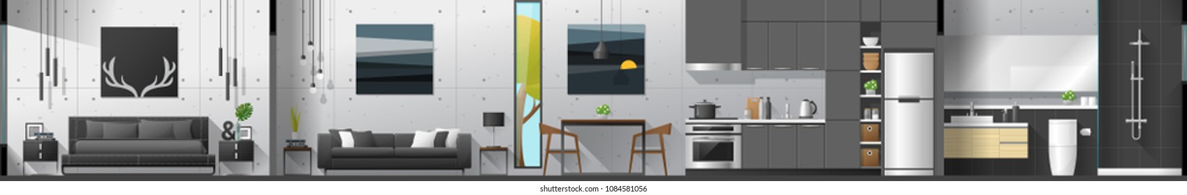 House interior section panorama including bedroom living room dining room kitchen and bathroom , vector , illustration