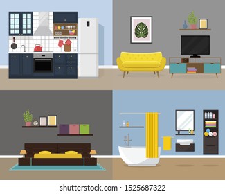 House interior. Set of home room - kitchen, living room, bedroom, bathroom. Flat style illustration design template