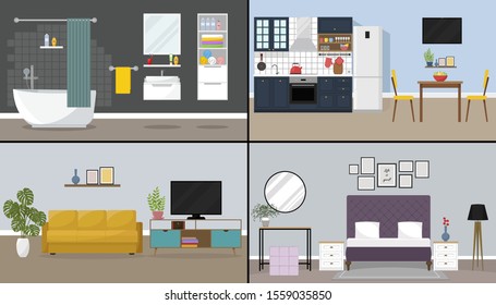 House interior. Set of home room - kitchen, living room, bedroom, bathroom. Flat style illustration design template