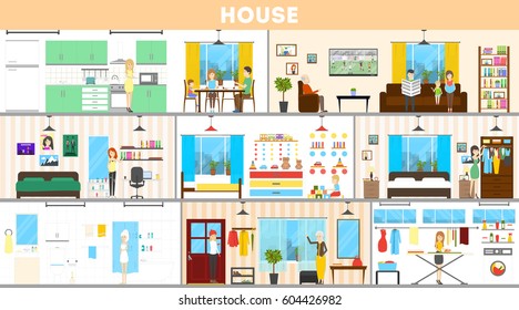 House interior set. Inside the house. Bedroom and kitchen, bathroom and more.