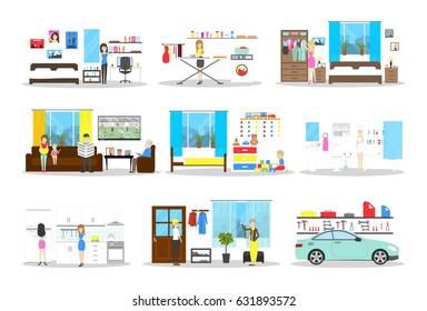 House interior set. Inside the house. Bedroom and kitchen, bathroom and more on white background.