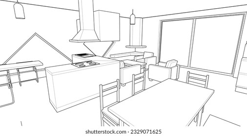house interior sketch 3d illustration