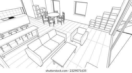 house interior sketch 3d illustration