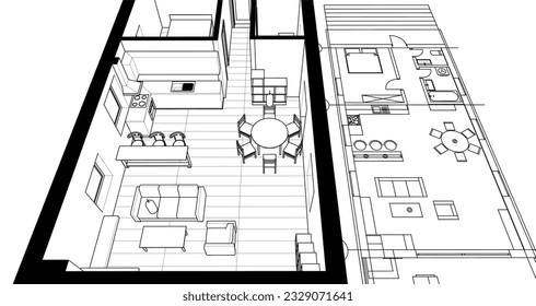 house interior sketch 3d illustration