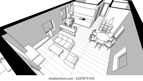 house interior sketch 3d illustration