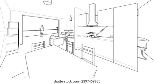  house interior sketch 3d illustration