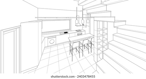 house interior sketch 3d illustration	