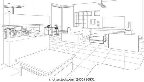 house interior sketch 3d illustration	