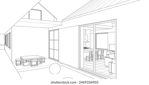 ilustración 3d del boceto interior de la casa