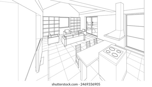 house interior sketch 3d illustration