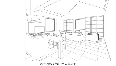 house interior sketch 3d illustration