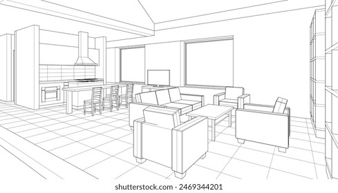  house interior sketch 3d illustration