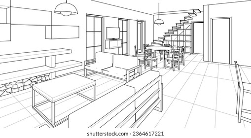 representación 3d del esbozo interior de la casa