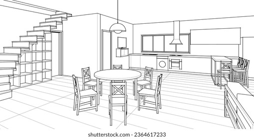 house interior sketch 3d rendering