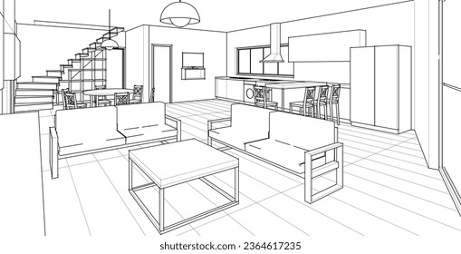 house interior sketch 3d rendering