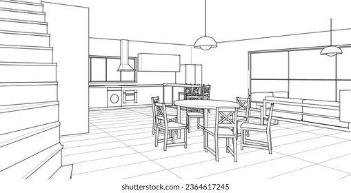 house interior sketch 3d rendering