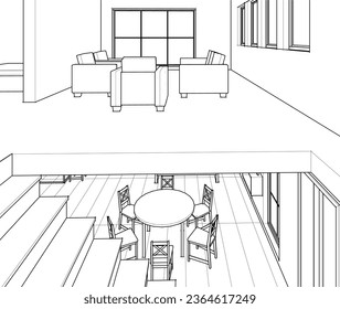representación 3d del esbozo interior de la casa