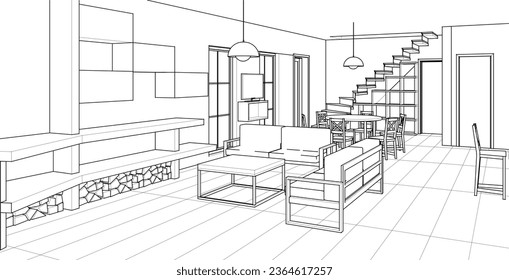 house interior sketch 3d rendering