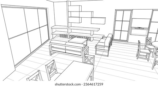 representación 3d del esbozo interior de la casa