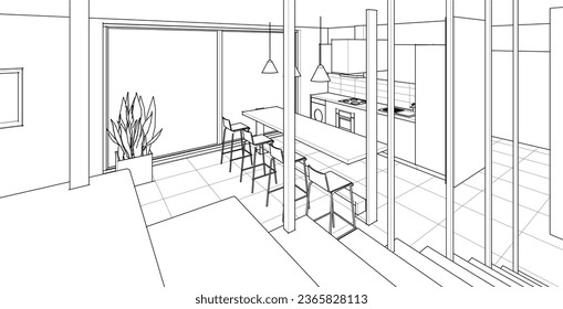 house interior sketch 3d rendering